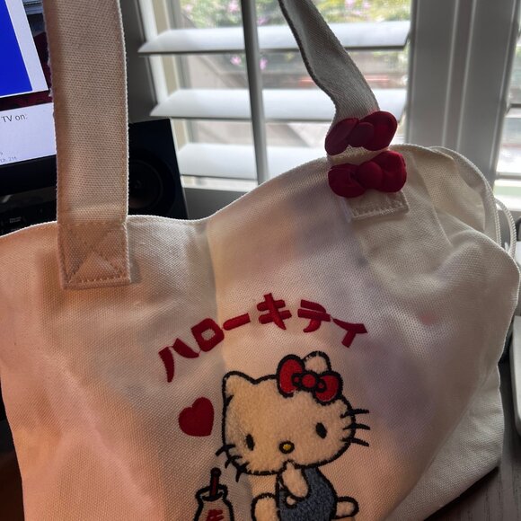 NWT Sanrio Hello Kitty Embroidered Canvas Tote Bag with Charm - Picture 10 of 11